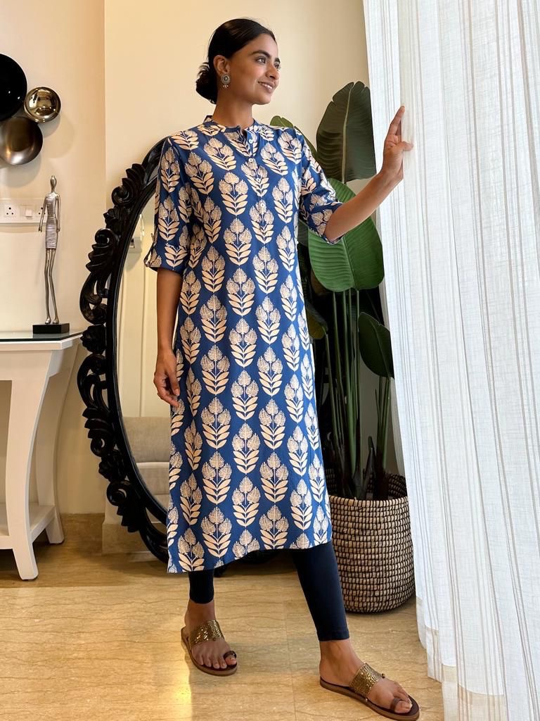 Weekend Rayon Kurta- Royal Blue Leaves