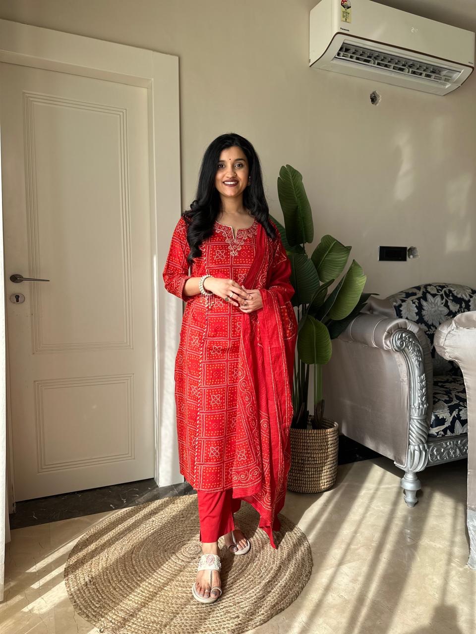 Sugandha Red Bandhej Cotton Set