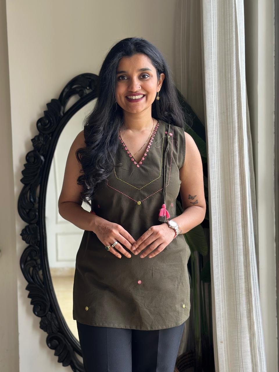 Pihu Minimal Sleeveless Top- Dark Olive - Image 2