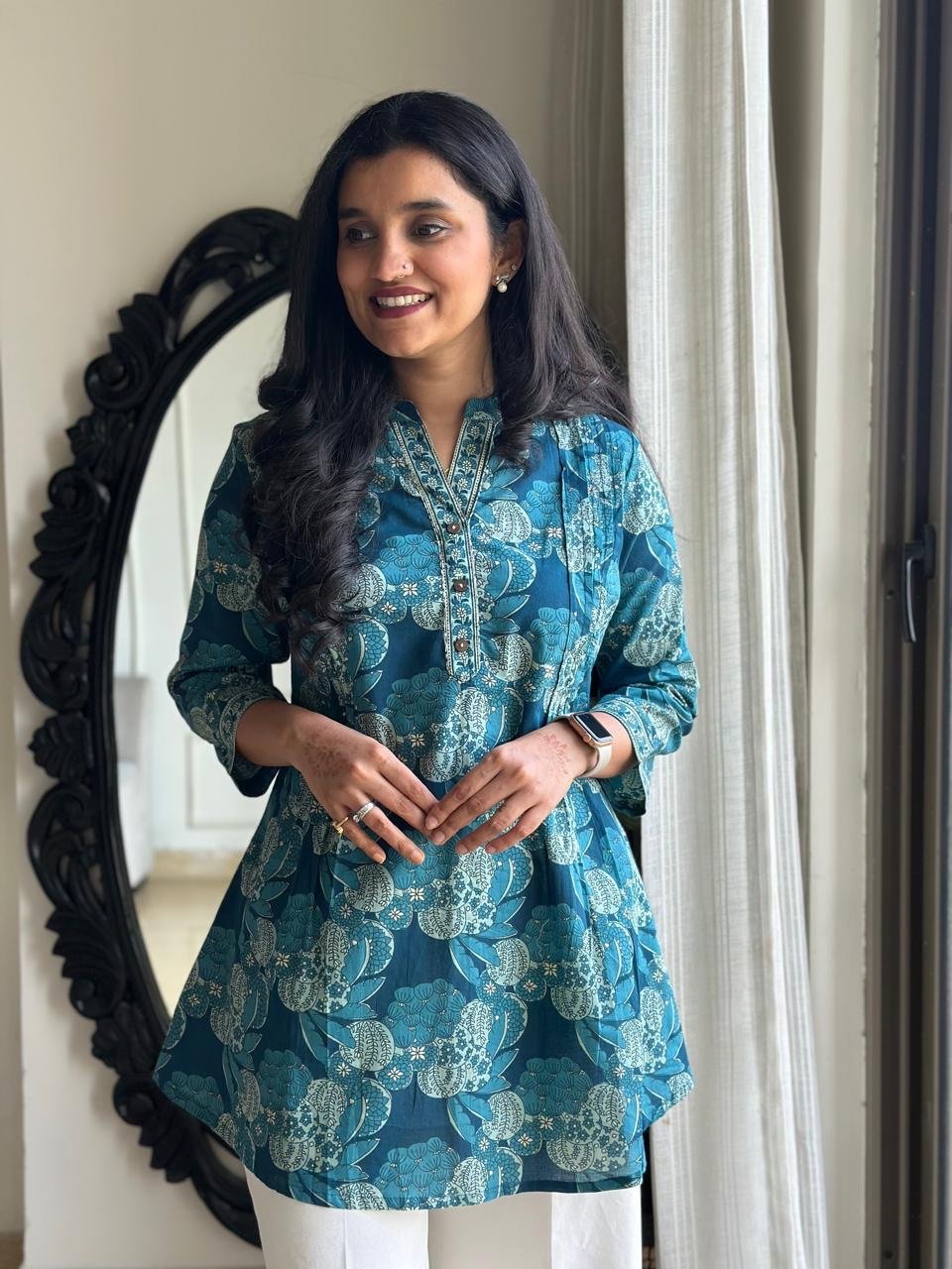 Evana Pintuck Cotton Top- Aqua