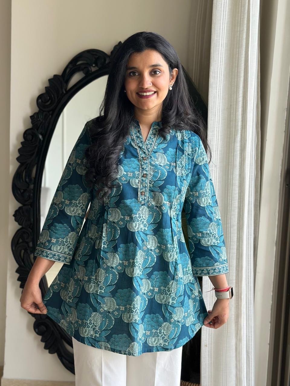 Evana Pintuck Cotton Top- Aqua - Image 2