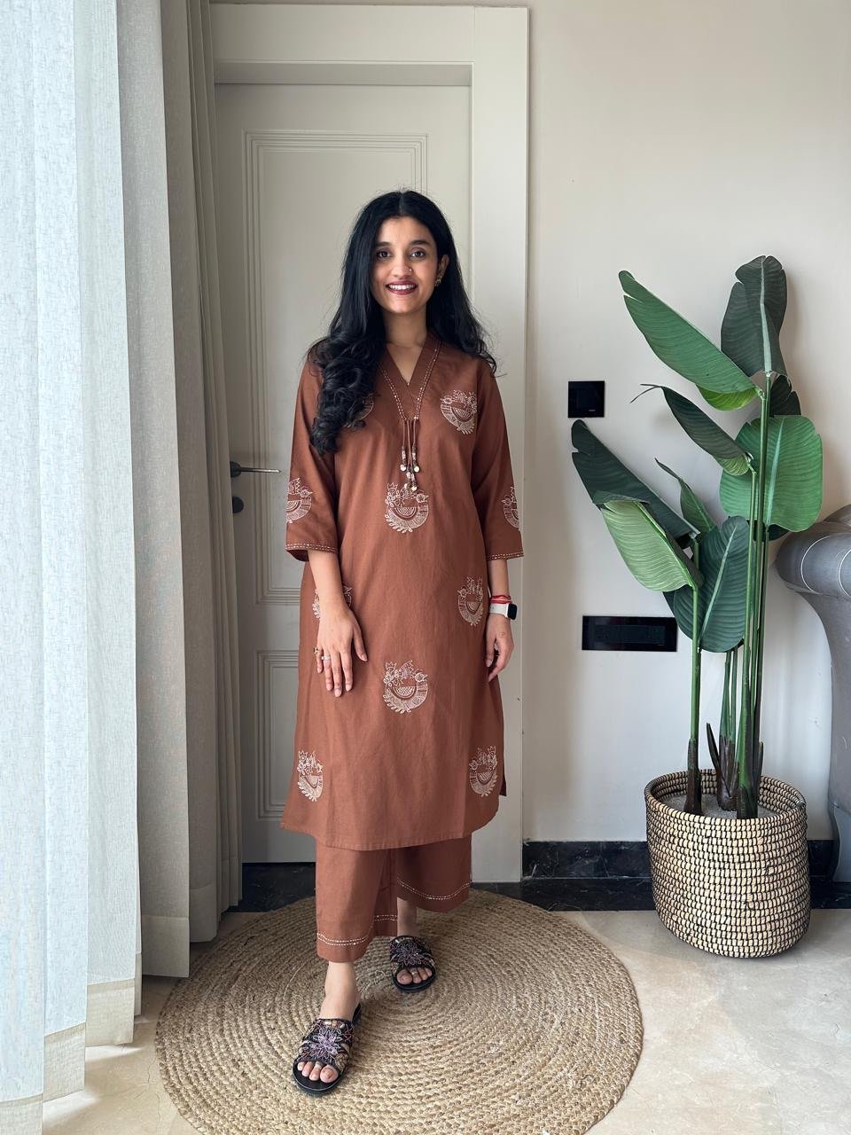 Raisha Embroidered Pant Set- Earthy