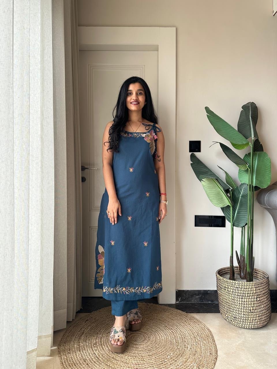 Zuhra Embroidered Pant Set- Teal Blue