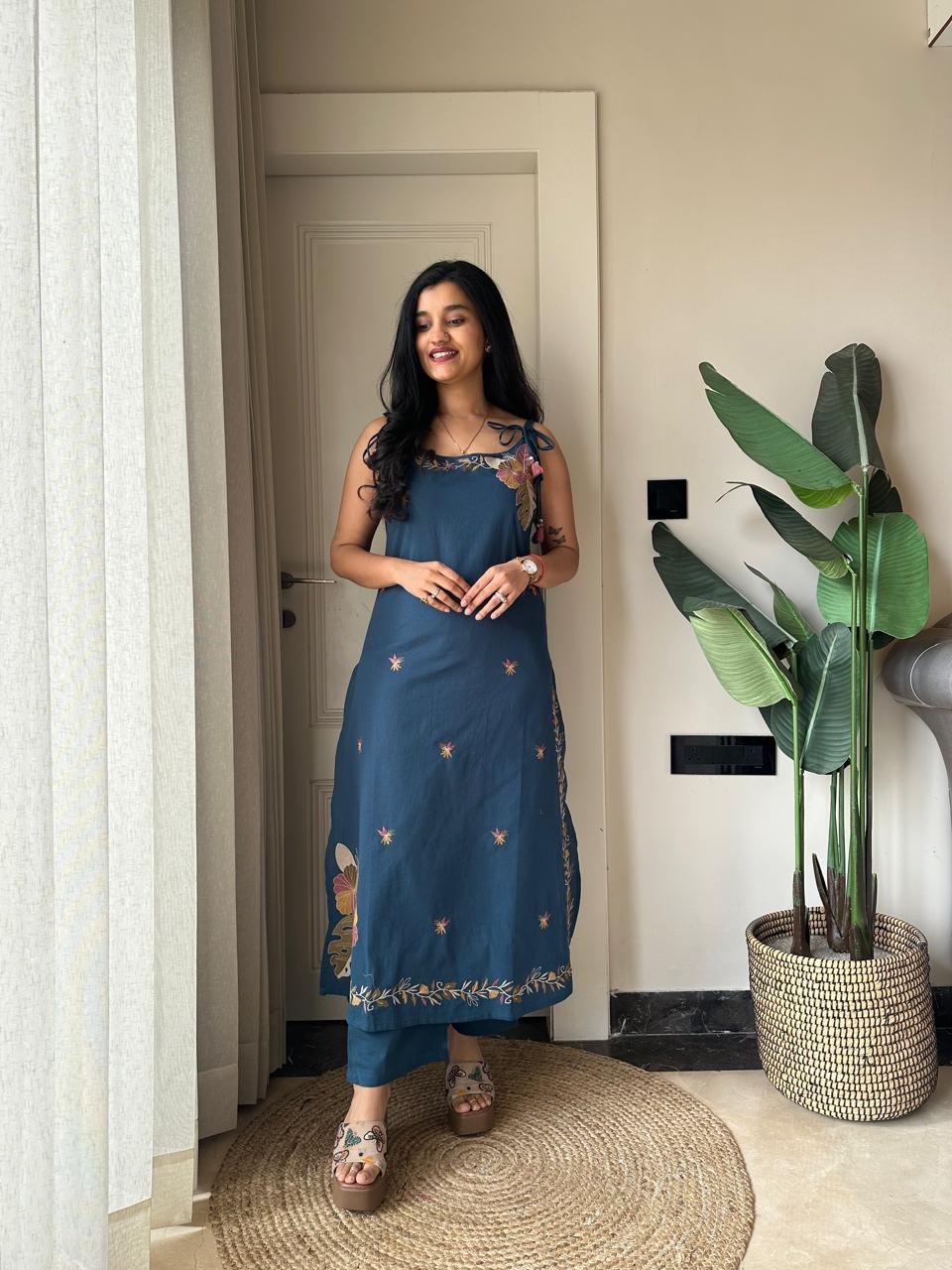 Zuhra Embroidered Pant Set- Teal Blue - Image 3