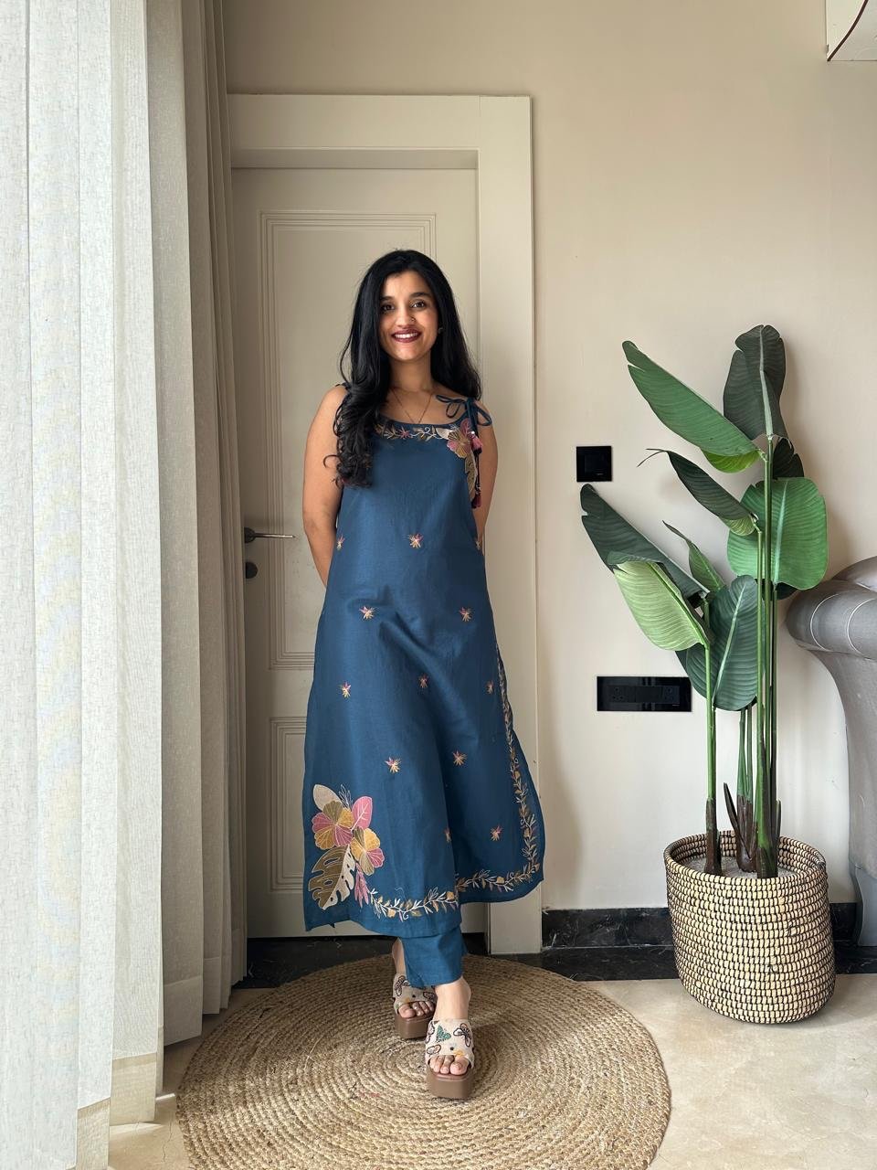 Zuhra Embroidered Pant Set- Teal Blue - Image 5