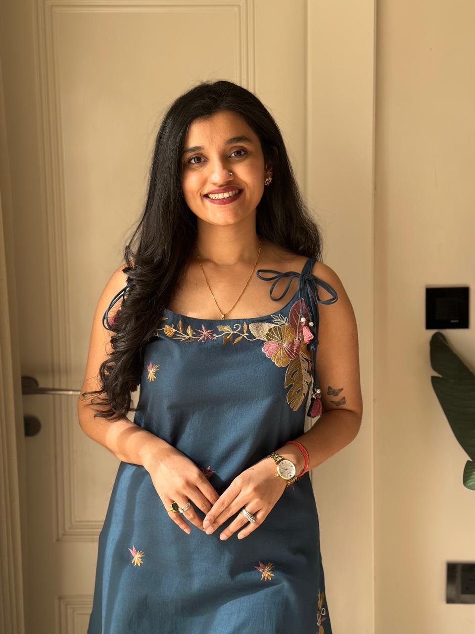 Zuhra Embroidered Pant Set- Teal Blue - Image 2