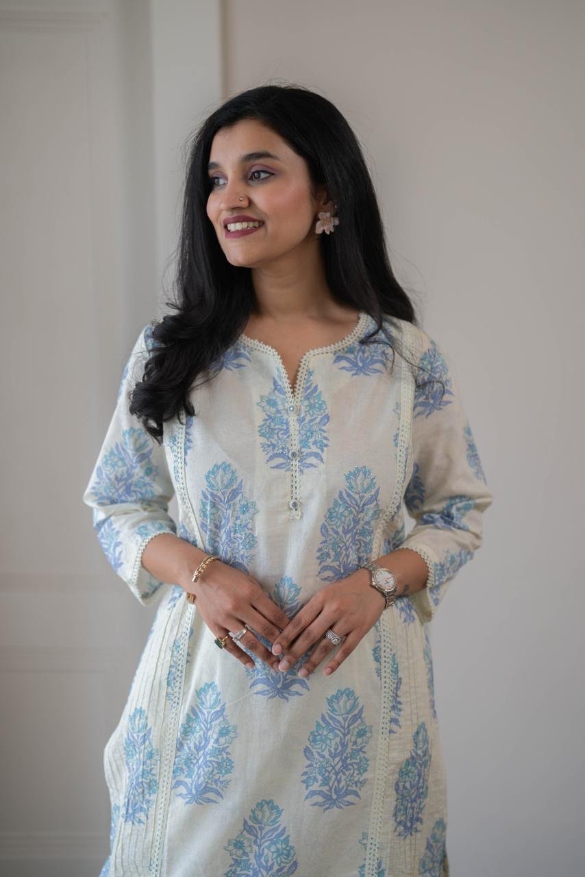 Anaisha Kota Doria Dupatta Set- Blue - Image 3