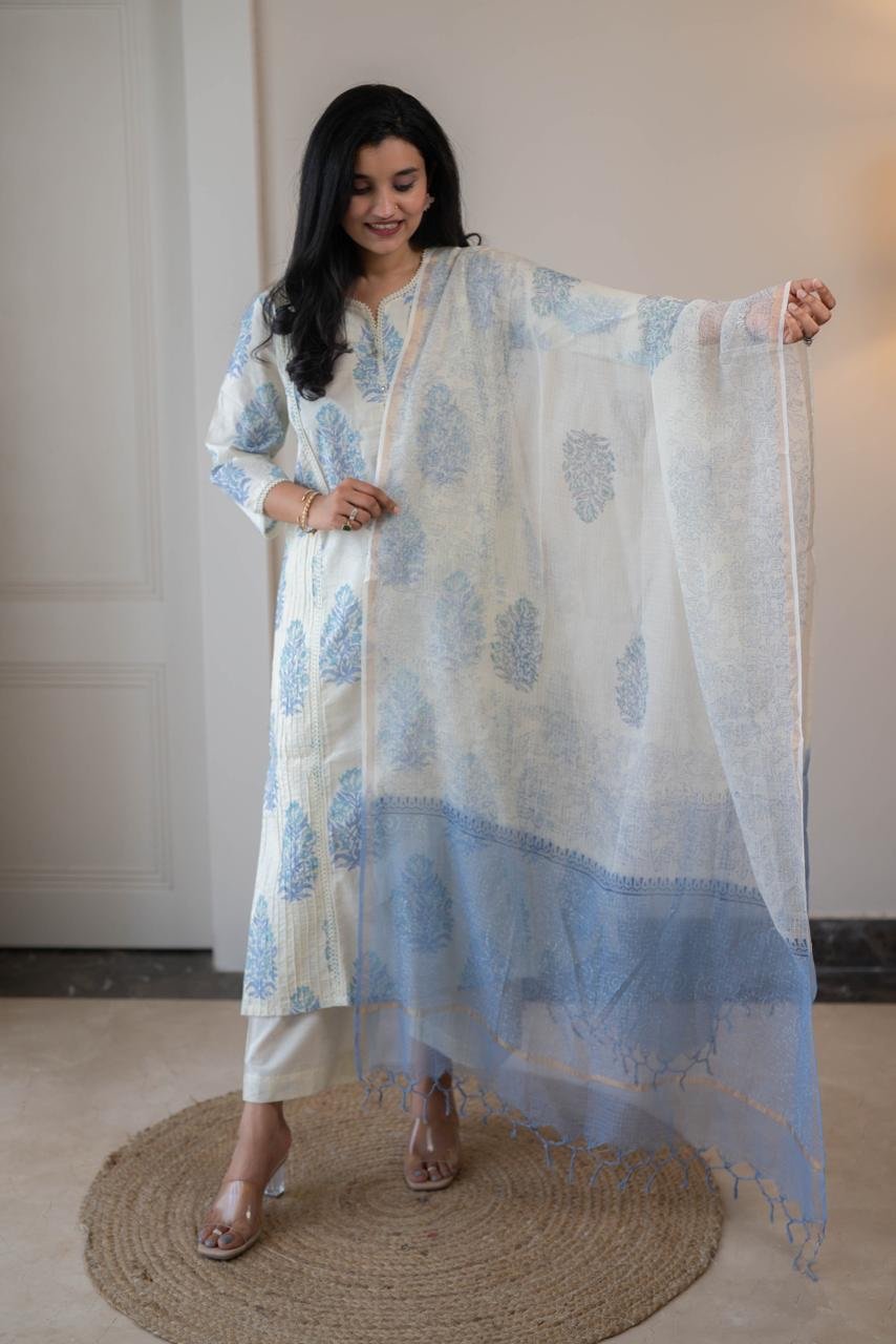 Anaisha Kota Doria Dupatta Set- Blue - Image 6