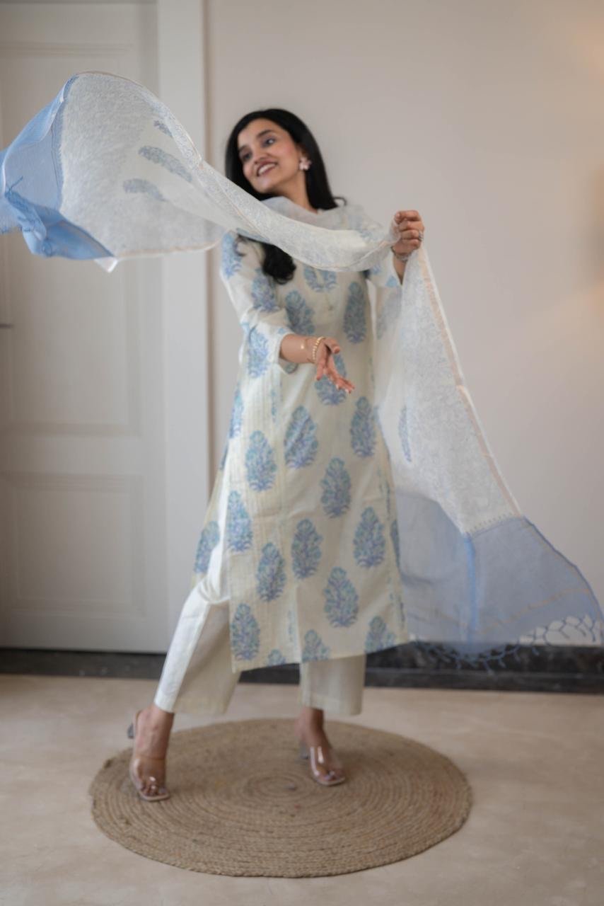 Anaisha Kota Doria Dupatta Set- Blue - Image 7