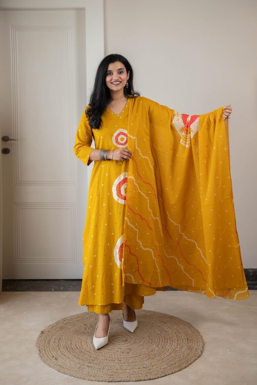 Tine Bandhej Timeless Cotton Suit- Yellow