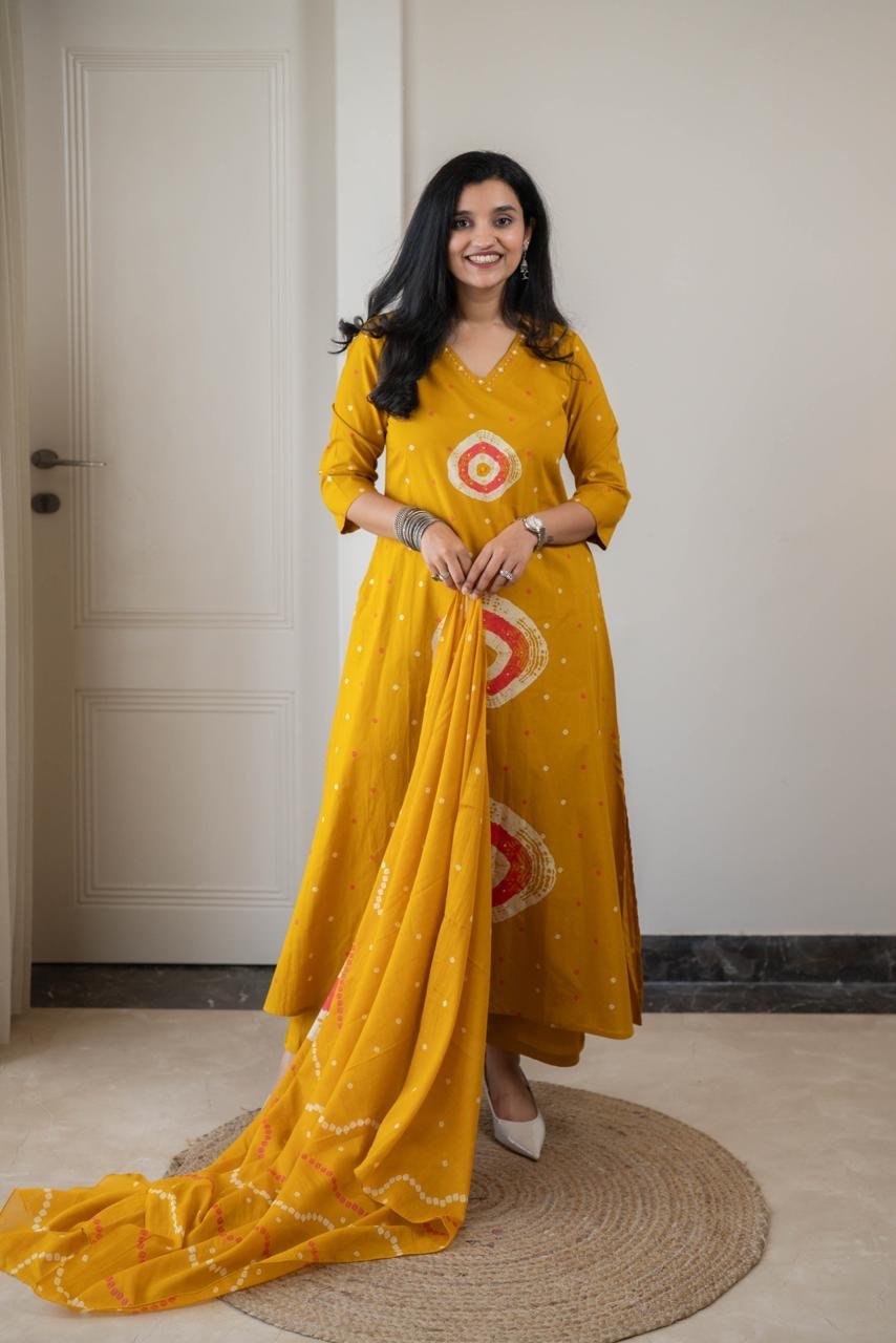 Tina Bandhej Timeless Cotton Suit- Yellow - Image 3