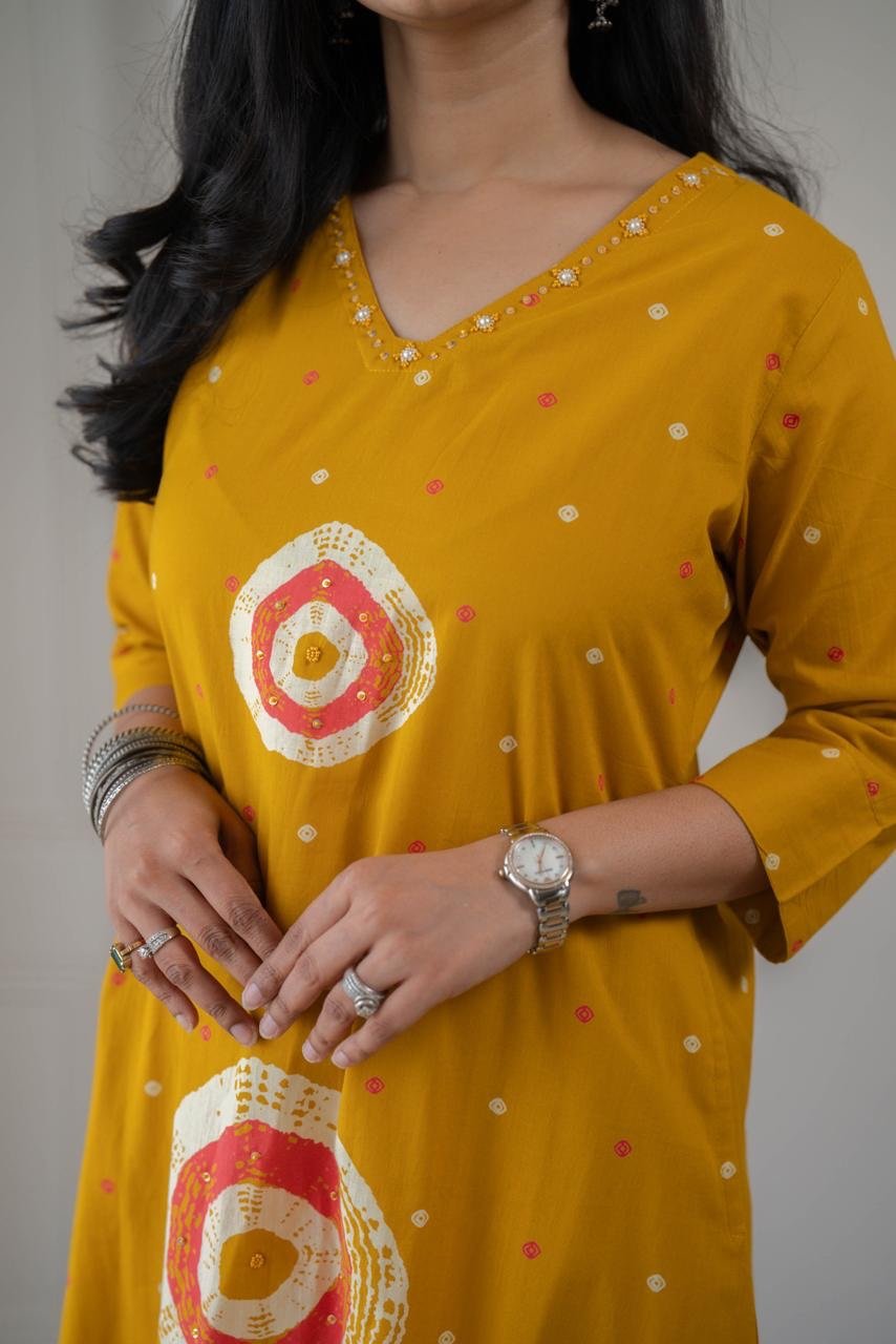 Tina Bandhej Timeless Cotton Suit- Yellow - Image 5