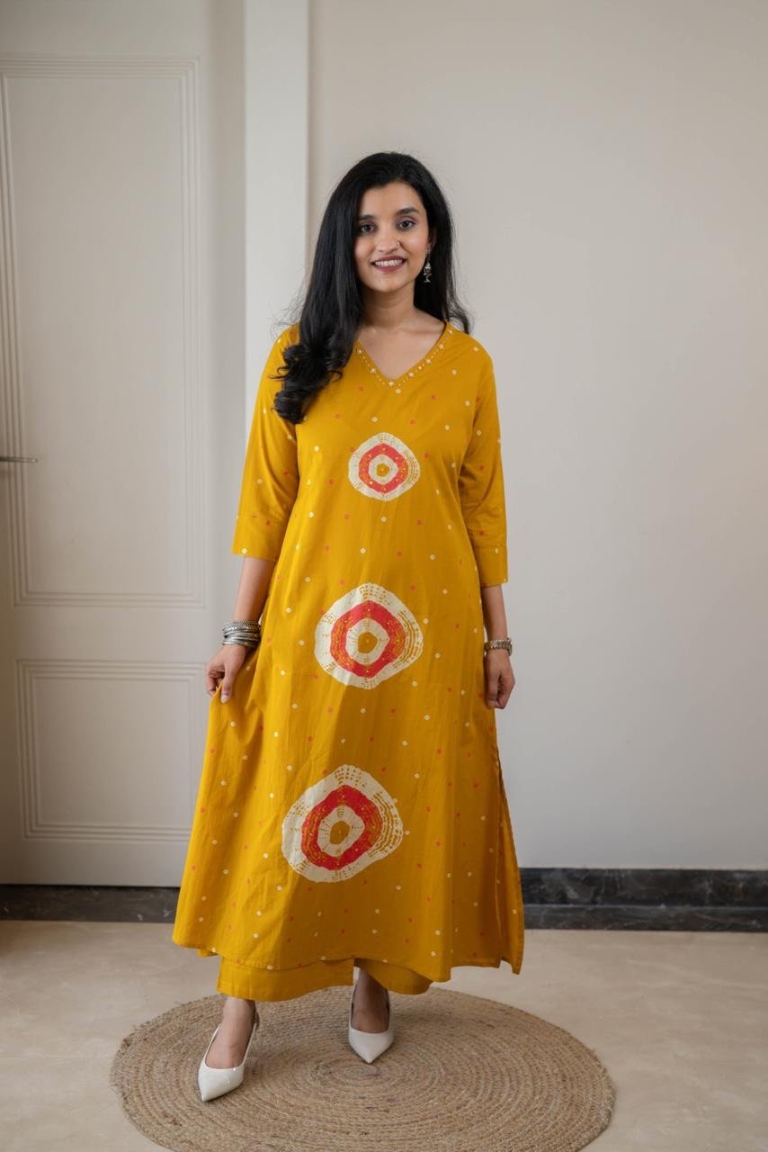 Tina Bandhej Timeless Cotton Suit- Yellow - Image 6