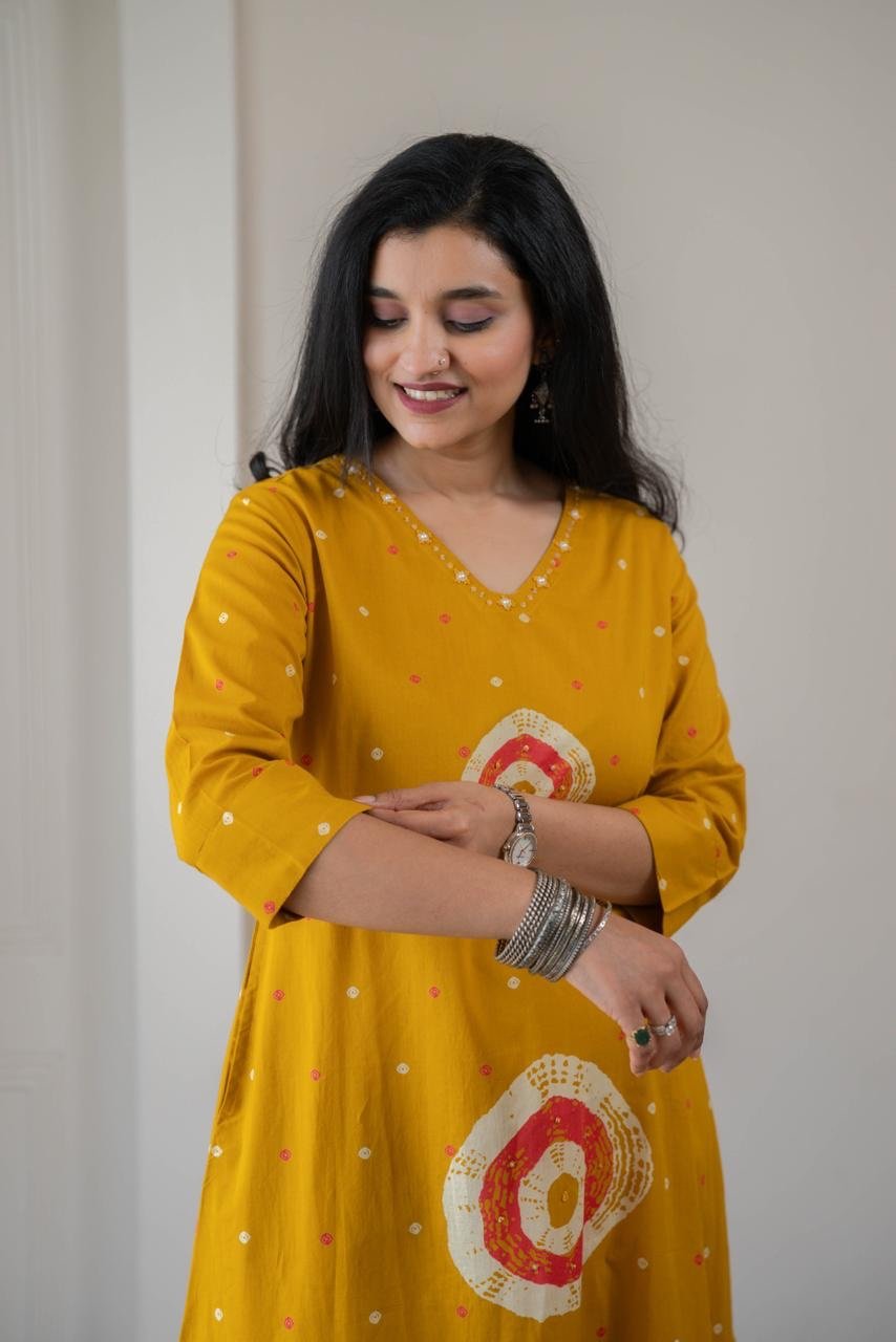 Tina Bandhej Timeless Cotton Suit- Yellow - Image 11