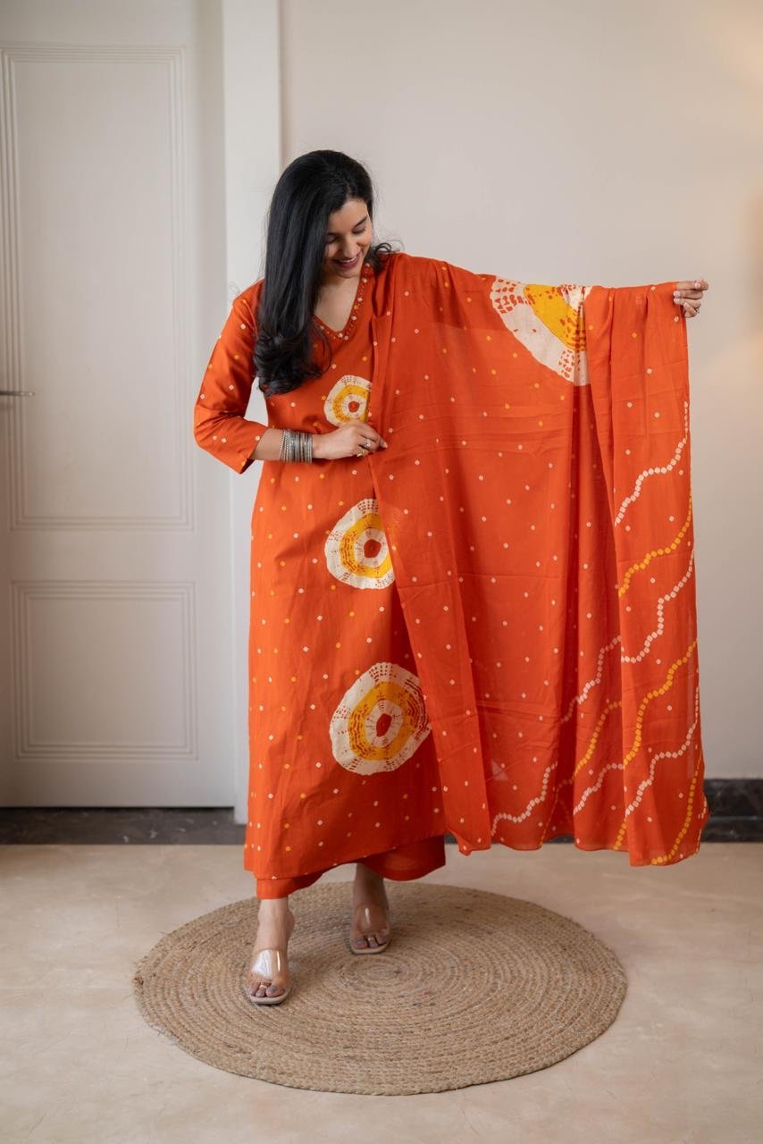 Tina Bandhej Timeless Cotton Suit- Orange - Image 6
