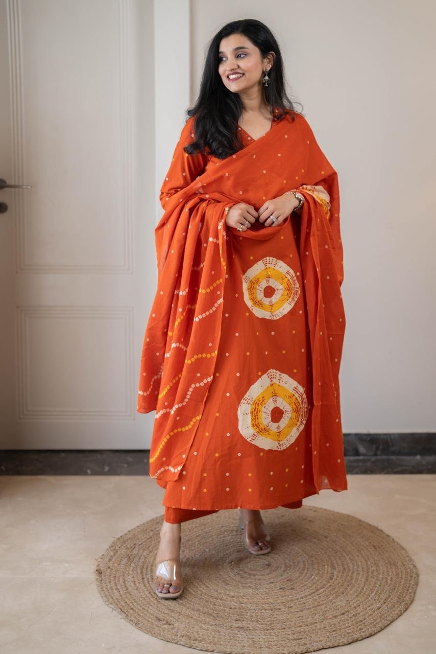Tina Bandhej Timeless Cotton Suit- Orange - Image 3