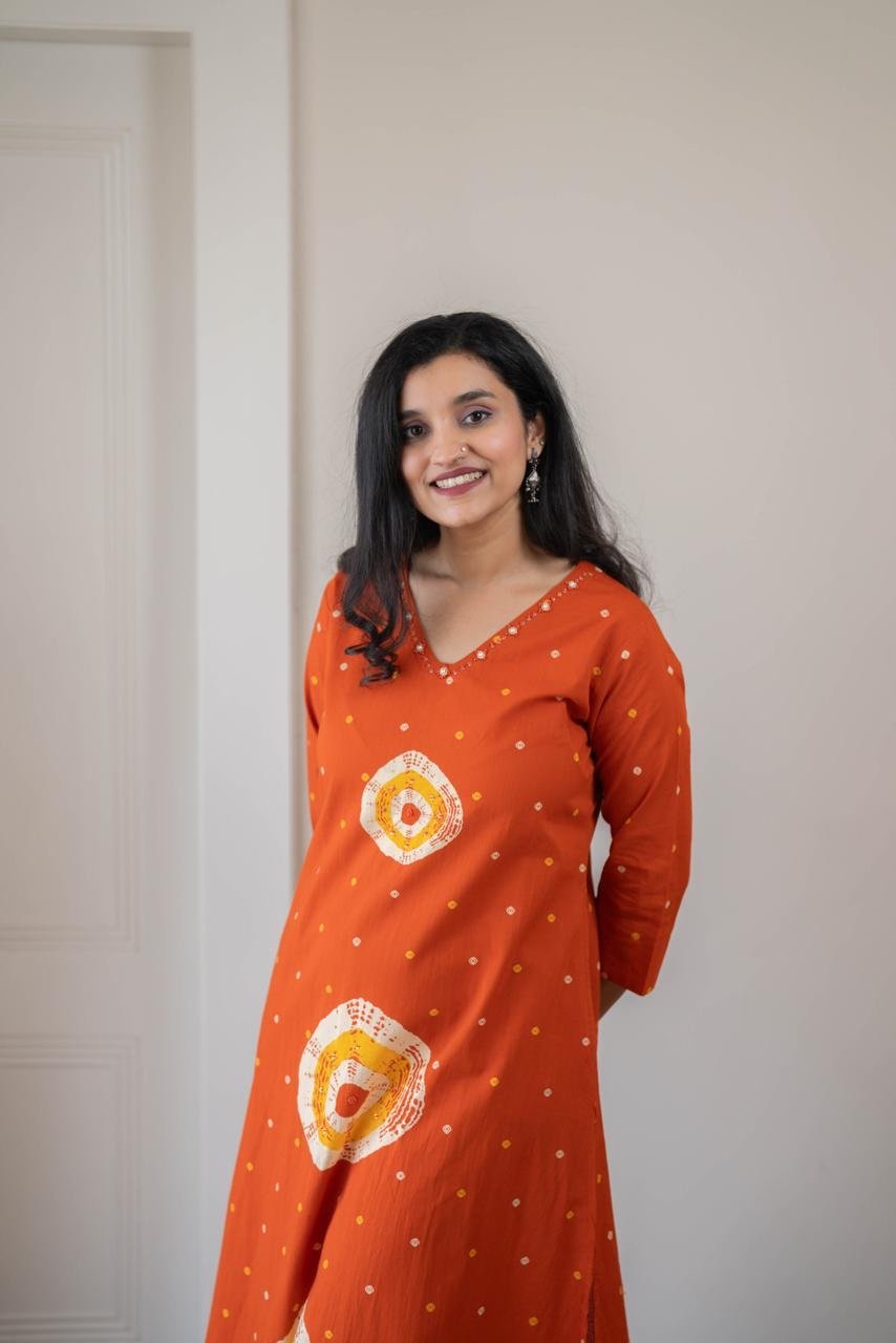 Tina Bandhej Timeless Cotton Suit- Orange - Image 5