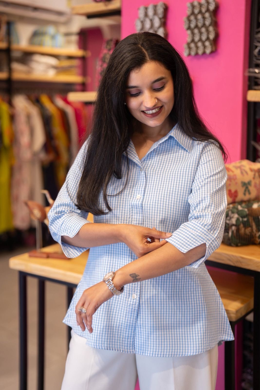 Shriya Gingham Cotton Shirt- Blue - Image 7
