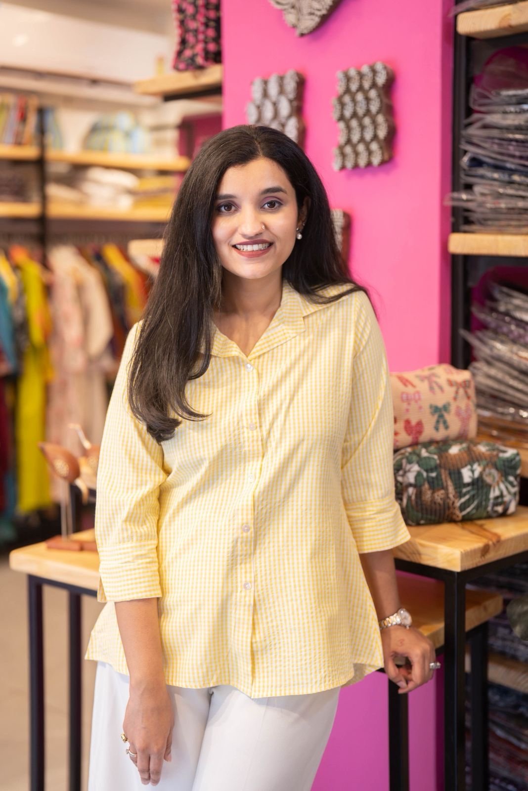 Shriya Gingham Cotton Shirt- Yellow