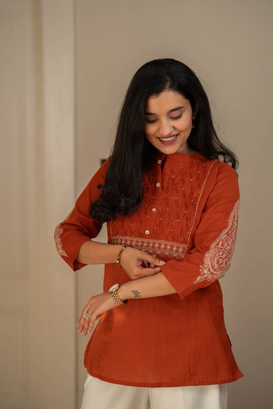 Rio Ruching Slub Cotton Top- Rust - Image 3