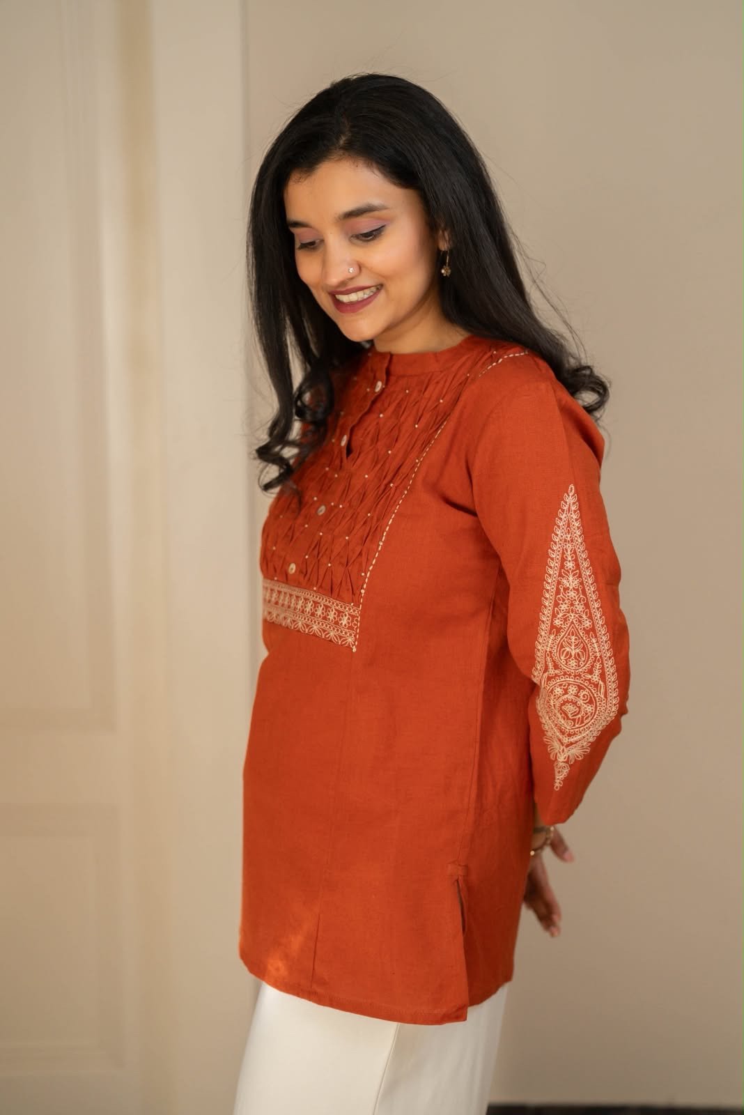 Rio Ruching Slub Cotton Top- Rust - Image 4