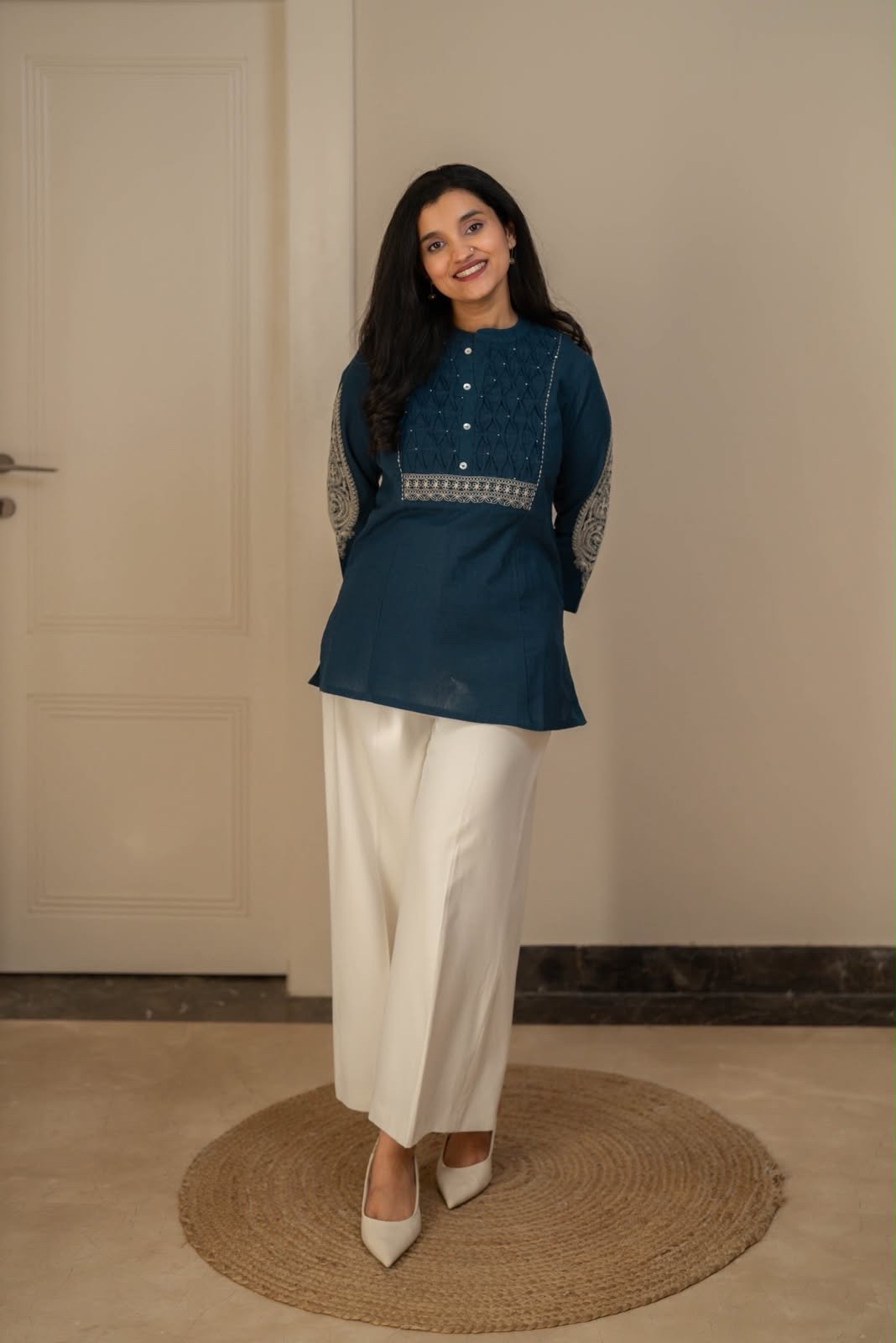 Rio Ruching Slub Cotton Top- Dark Teal - Image 4