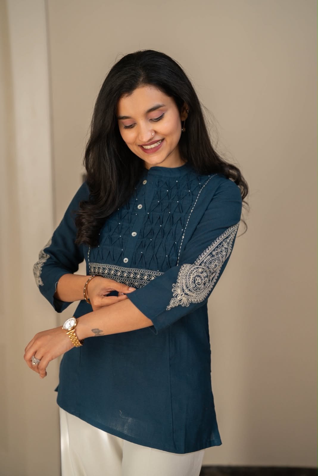 Rio Ruching Slub Cotton Top- Dark Teal - Image 6
