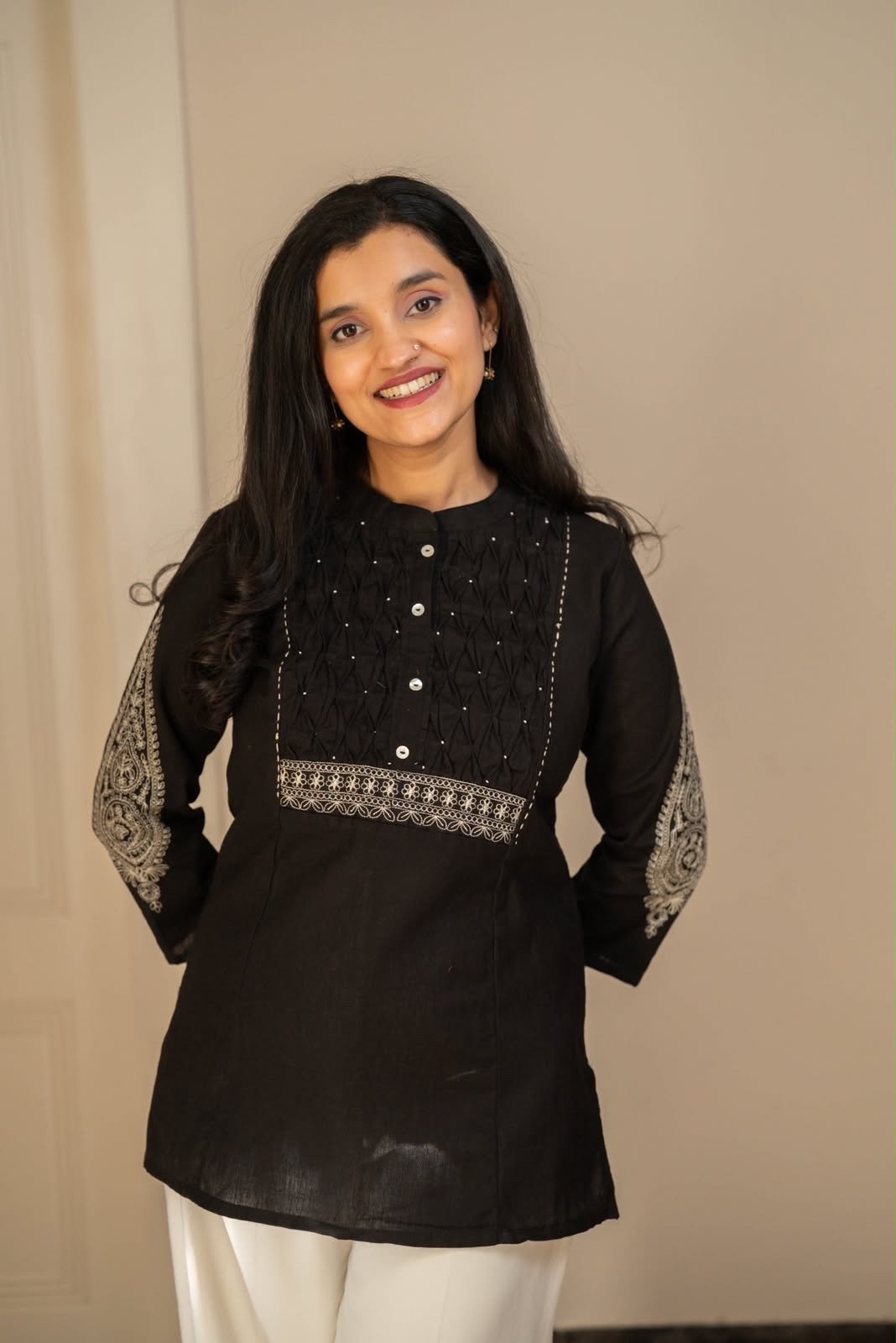 Rio Ruching Slub Cotton Top- Black